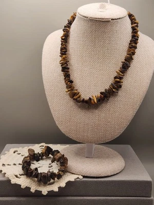 TIGER’S EYE Gemstone Chip Necklace & Bracelet Set Foto 1 de 4