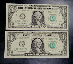 G 69239778 B G 69239779 B NEU UNZIRKULIERT SEQUENTIELLE 1 $ DOLLAR SCHEINE 2021 (2) - Bild 1 von 2