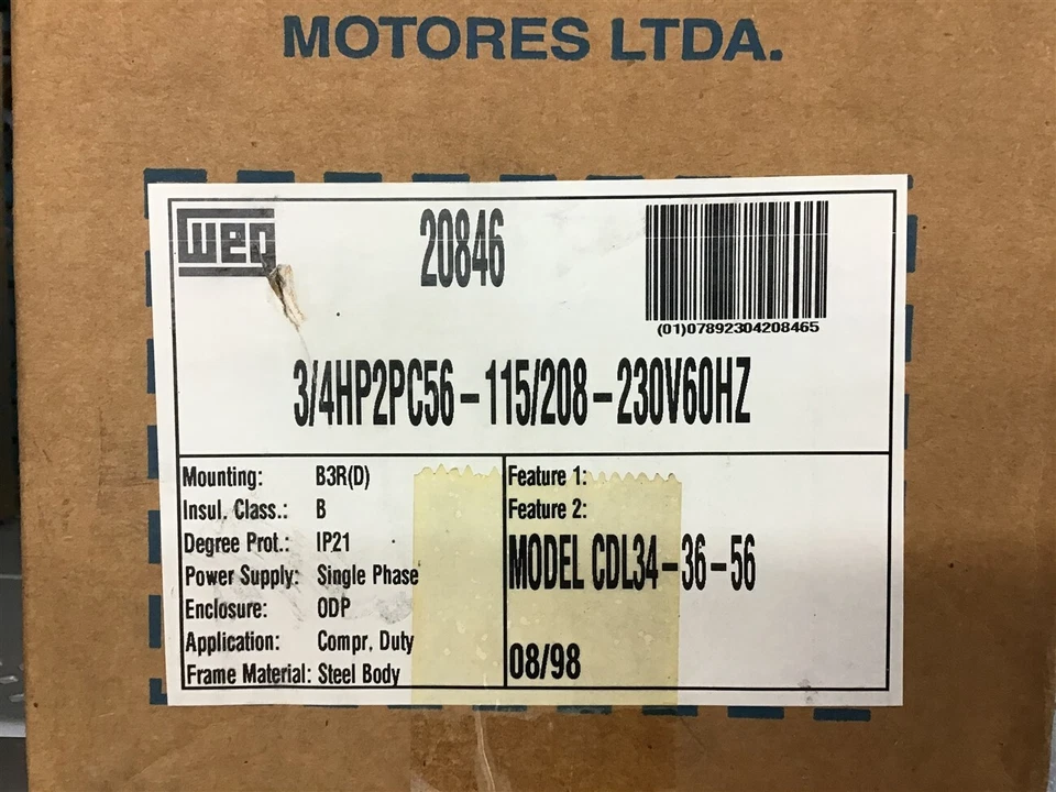 Weg CDL34-36-56 3/4 HP AC Motor 115/208-230 V Single Phase 2P 3600 Rpm 56 Fr - Image 1 of 4