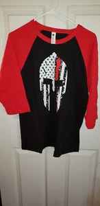 THIN Red LINE RAGLAN BLACK T SHIRT RED SLEEVE AMERICAN FLAG XL Molon LABE FIRE - Picture 1 of 2