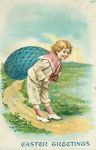 Ostergrüße Junge im Matrosenanzug Osterei zurückgeschleudert PM 1908 POSTKARTE - Bild 1 von 2