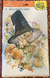 Mary Hamilton Hallmark Cards & Envelopes Halloween Kitten Witch Pumpkin Set of 8 - Picture 1 of 8