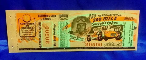Indianapolis Indy 500 1951 COMPLETE UNUSED TICKET Johnnie Parsons HULMAN ESTATE Cover