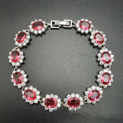 New Fashion Flower Rose Red Garnet Gemstone Silver Women Girl Charm Bracelets - Image 1 of 4