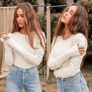 NWT We The Free People Natasha Ruched Puff Sleeve Top L Blush Beige Boho Minimal - Picture 1 of 12