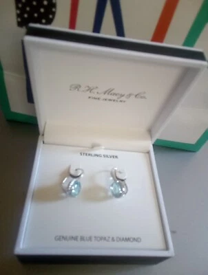 NIB R.H. Macy & Co. 925 Sterling Silver Genuine Blue Topaz Diamond Earing's - Image 1 of 3