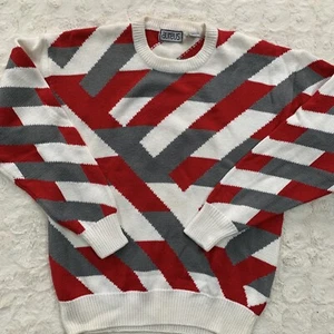 Vintage Aureus Herren Rundhals Pullover Grau Rot Weiß Geometrisch Large - Bild 1 von 6