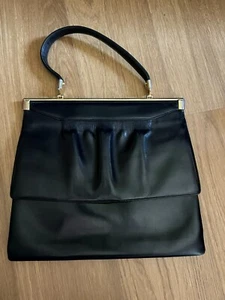 Borsetta a mano blu in pelle vintage anni 50s vtg navy leather handbag - Foto 1 di 6