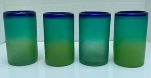 Hand Blown Mexican Glassware Barware green & Blue Ombre Look 5.5" Set of 4 - Picture 1 of 8