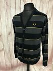 Fred Perry Mens Knitted Cardigan Striped Black Grey Yellow Mod Casuals Medium