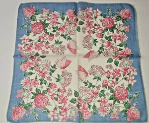 Vintage Hankie Handkerchief Cotton Blue Pink Floral Butterfly 11 1/4" - Picture 1 of 4