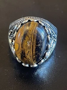 Natural Oval Tigers Eye Stone S925 Silver Plated Men Women Statement Ring Size 9 - Picture 1 of 9