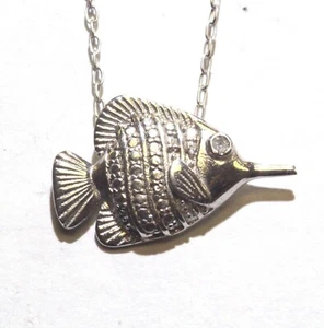 925 Sterling Silber Diamant Fisch Anhänger 18 1/2" Halskette 2,3g Damen Ladies  - Bild 1 von 7