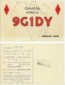 Tarjeta Ghana Africa Radio 9G1DY QSL 1965 - usada - Norman Price - Imagen 1 de 1