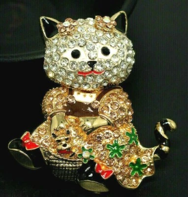 Divertido Gatito Gato Picnic CESTA Estrás Collar Colgante Broche Café Betsey Foto 1 de 4