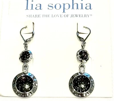 Lia Sophia “Molecule” Black Sparkly Center & Cut Crystals Silver Dangle Earrings - Image 1 of 3
