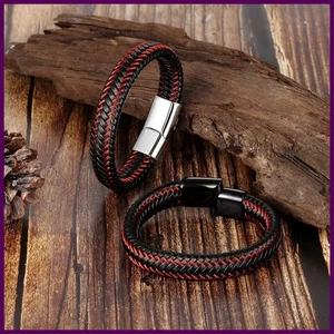 Pulsera con cordón de cuero de acero inoxidable trenzada de cuero genuino - Imagen 1 de 26