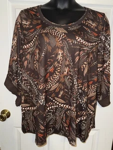 Catherines Plus Sz 1X Brown Feather Print Stretch Pullover Top EUC - Picture 1 of 10