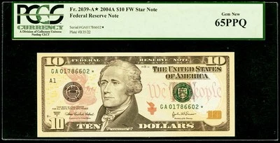 2004 A $10 Dollar Star Note Federal Reserve Boston PCGS 65 PPQ Serial 01786602* - Image 1 of 2