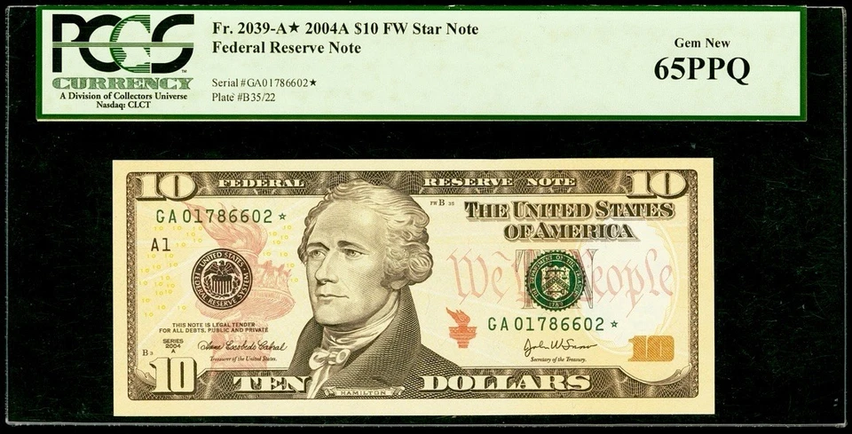 2004 A $10 Dollar Star Note Federal Reserve Boston PCGS 65 PPQ Serial 01786602* - Image 1 of 2