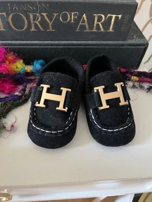 DESIGNER BABY BOY LOAFERS!! Black Gold Leather - Image 1 of 4