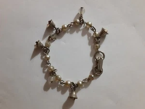 Vintage Charm Bracelet with Bell Charms & Faux Pearls Silver Tone, 5" *FLAW - Picture 1 of 5
