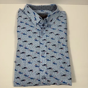 Johnston Murphy Blue Shark Patterned Men's XXL Short Sleeve Buttondown Shirt - Picture 1 of 3