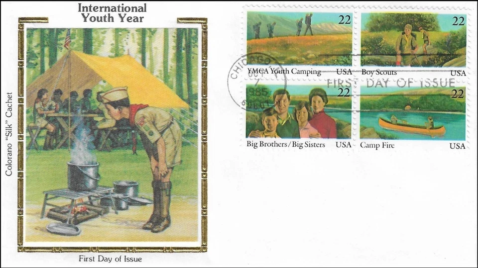 Boy Scout YMCA Camp Fire International Youth Year USA Colorano Silk FDC BLK 1985 - Image 1 of 1