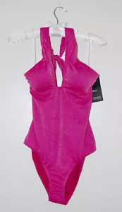 Costume da bagno donna Jones NY rosa fucsia scintillante collo 1 pezzo nuovo con etichette taglia M - Foto 1 di 7