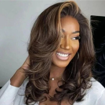 Peluca brasileña 100 % cabello humano 100 % cabello humano con reflejos ondulados en capas 13x4 Foto 1 de 4