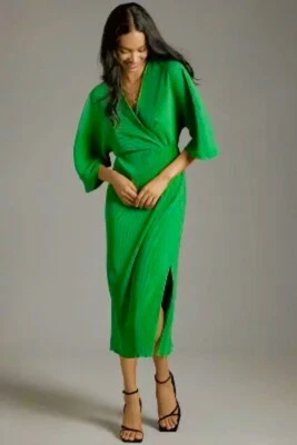 VESTIDO MIDI ANTHROPOLOGIE CUELLO EN V PLISADO PLISADO ENVOLVENTE CORPIÑO VERDE KELLY XS se ajusta a S Foto 1 de 4