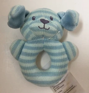 Little Miracles Puppy Dog Rattle Blue Striped Knit Plush Handheld Round Baby - Picture 1 of 3