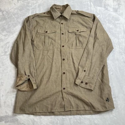 J Peterman Wool Overshirt Brown Striped Button Down Portugal Mens Large Epaulets - Image 1 of 4
