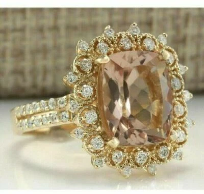 Anel de pino de ouro maciço 14K com morganita natural e diamante natural 5,10 quilates - Imagem 1 de 3