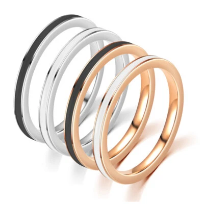 2MM Titanium Steel Tail Ring Silver/Rose Gold Women White/Black Enamel Size 6-11 - Image 1 of 4