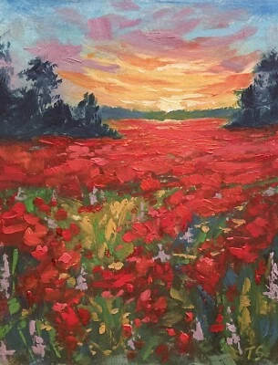 ОРИГИНАЛЬНАЯ картина маслом искусство настенный декор дикие красные цветы пейзаж закат бумага 6x8 - Изображение 1 из 4