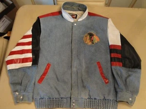 VINTAGE Jeff Hamilton NHL Chicago Blackhawks Stadium Jacket Denim Leather #D75 - Bild 1 von 24