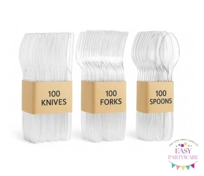 300 Set Heavy Duty Clear Disposable Plastic Cutlery Spoons Forks Knives Reusable - Image 1 of 3