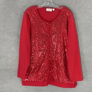 Quacker Factory Cardigan Attached Tank Top Women 1X Red Sequin Button Up Sweater - Picture 1 of 14