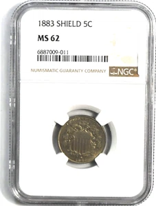 1883 5c Shield Nickel Five Cents US Coin MS62 Uncirculated NGC - Picture 1 of 5