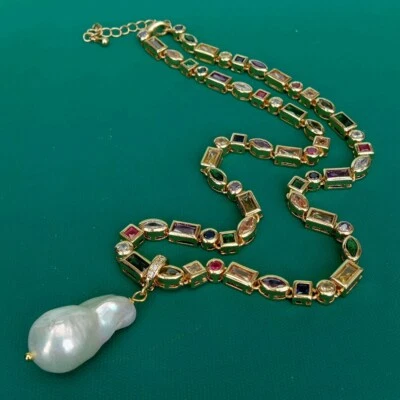 Cultured White Baroque Pearl Pendant Cz Multi Color Chain Choker Necklace - Image 1 of 4