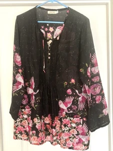 Blusa túnica Johnny Was Nerissa 100 % seda floral cuerno largo calavera talla pequeña - Imagen 1 de 5