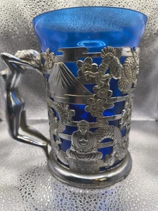Tazza DRAGO vintage ART DECO donna NUDE LADY manico BLU COBALTO vetro CROMO - Foto 1 di 1