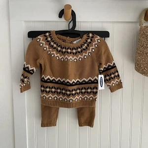 Old Navy Brown Fair Isle Crew Neck Long Sleeve Sweater and Pants Set 6-12 Months - Picture 1 of 10