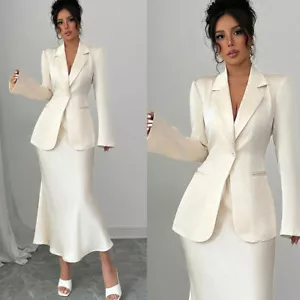Women Wrap Buttock Skirt Suit Satin Notch Lapel Wedding Business Casual 2 Pcs - Picture 1 of 9