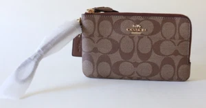 NWT Coach Womens Khaki Saddle Signature PVC Double Corner Zip Around Wallet - Picture 1 of 5