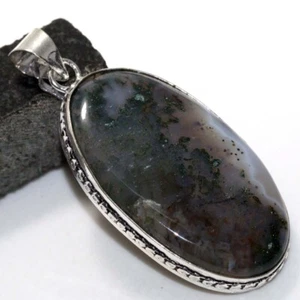 925 Silver Plated Moss Agate Ethnic Pendant Handmade Jewelry Size 2.2" JW - Picture 1 of 3
