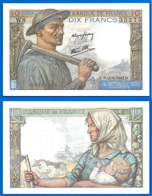 France 10 Francs 1942 11 June Serie W Mineur Collier WWII Frcs Free Ship World - Image 1 of 3