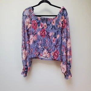 Anthropologie Rouen Top Sz Medium Purple Floral Smocked Sheer Long Sleeve Boho - Picture 1 of 9