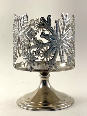 Bath & Body Works Candle Holder Glitter Snowflake Large Pedestal 3-wick silver - Image 1 of 4